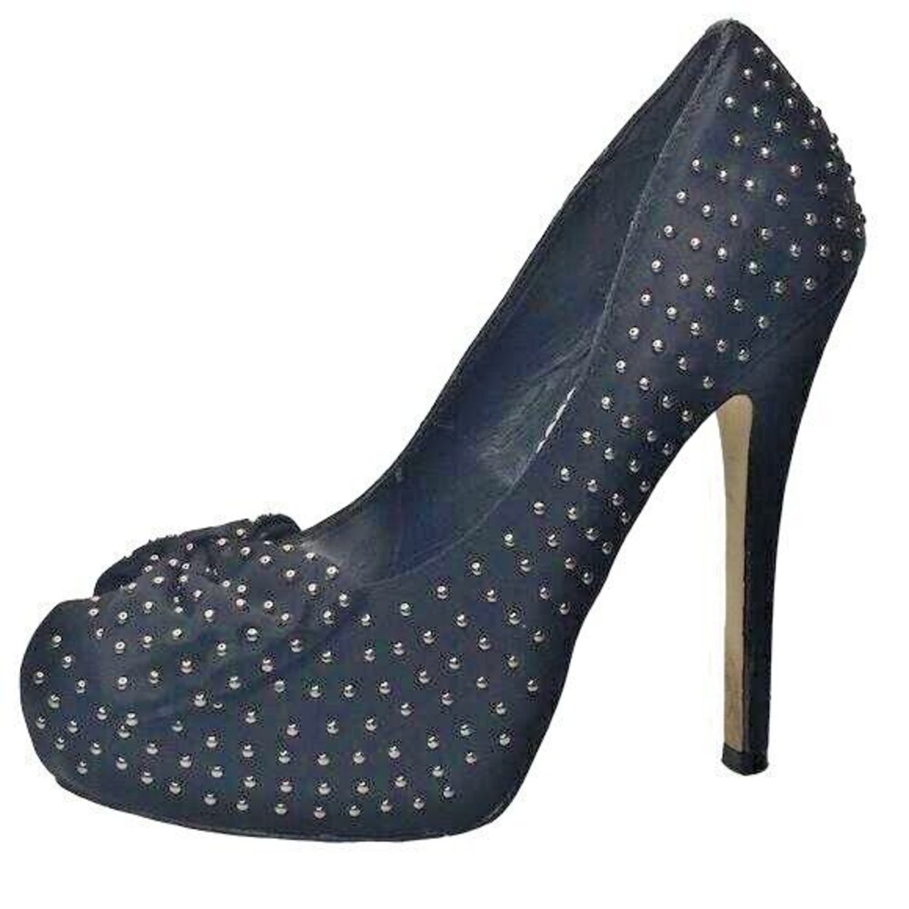 Bebe Lizzy Satin Studded Bow Toe Stiletto Platform 5.5 in Heels 7 Black‎ Silver